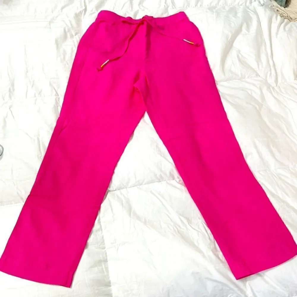 J crew Linen wide leg elastic drawstring ankle pants in fuchsia- EUC XXS